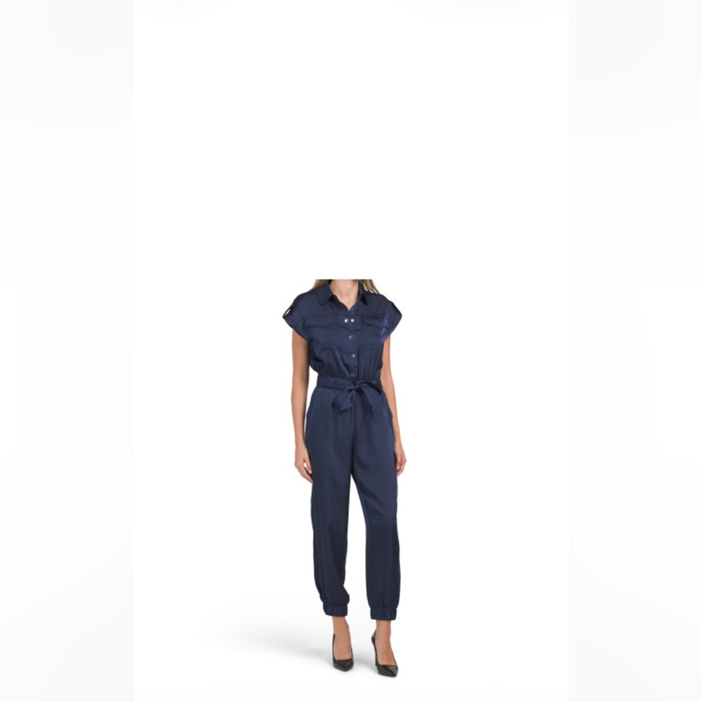 Rachel Zoe Satin Jogger Jumpsuit with shirt collar Women's Navy Short-Sleeve
